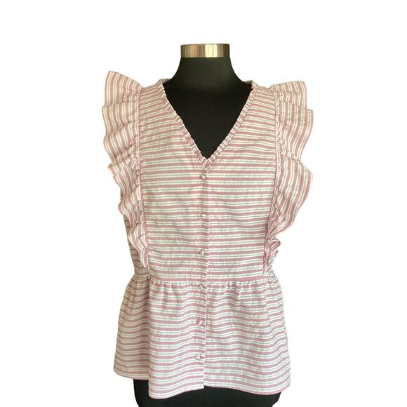 Andree by Unit Pink White Sleeveless Top Ruffled Button Front LG Prairie Cottage - Picture 1 of 8